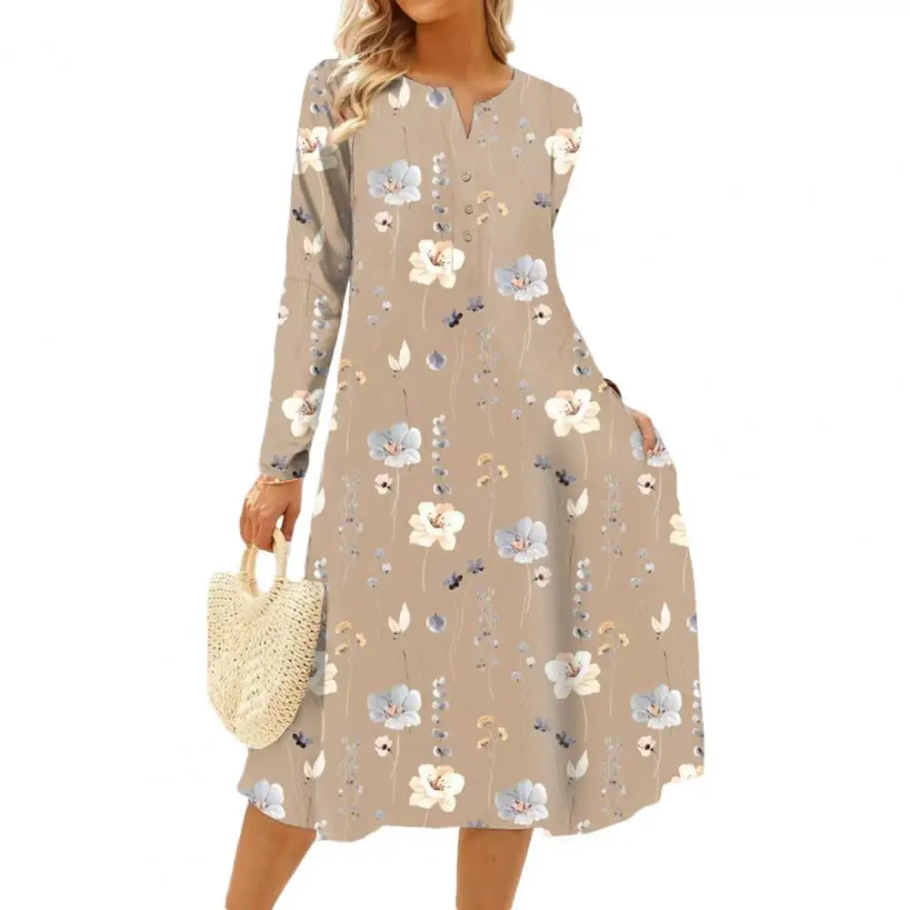 

Женское платье-трапеция с цветочным принтом, длинным рукавом и V-образным вырезом