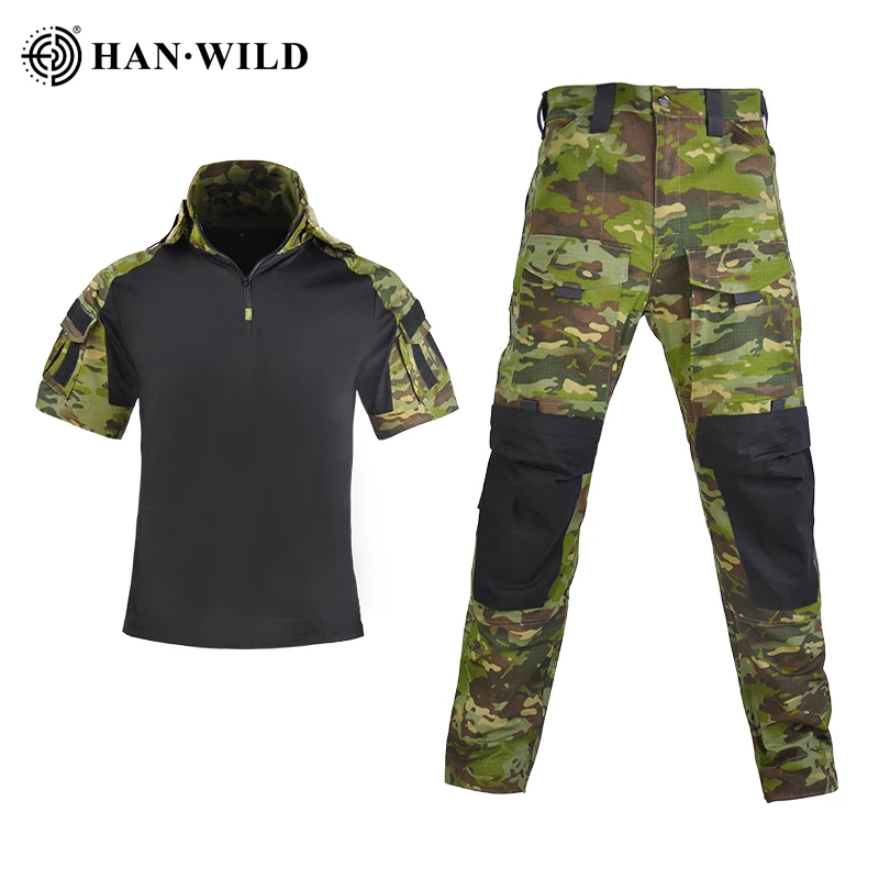 Camouflage Tactical Men Summer Short Sleeve Hooded Army Frog Combat Airsoft Rapid Assault Military Hunting Top Tees T-shirts