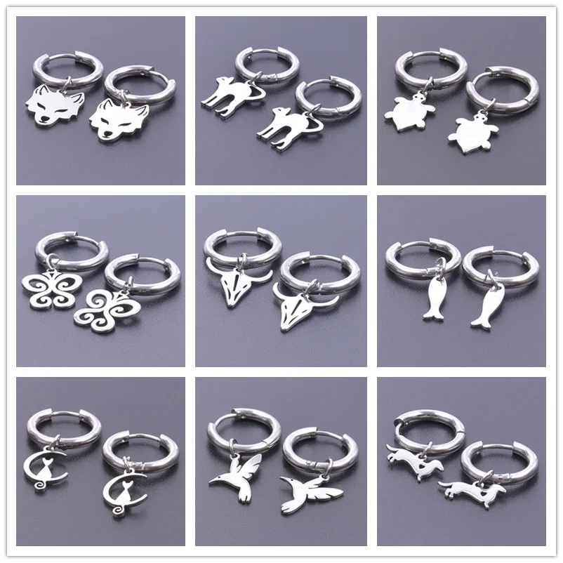 Милые серьги из нержавеющей стали в виде животных, бабочки, слона, Луны, кота, аксессуары для женщин и мужчин, круглые обручи, корейские модные серьги