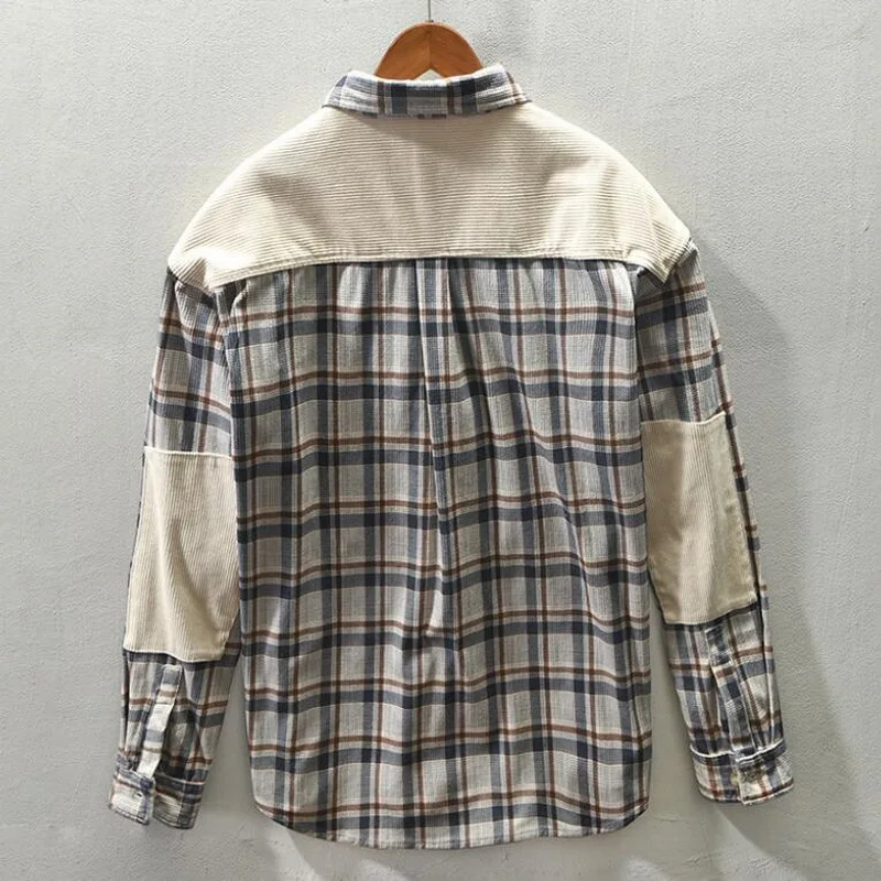 Corduroy Shirt Casual Full Sleeve Thick Patch Pocket Design Button Up Men's Casual Plaid Panel Shirt