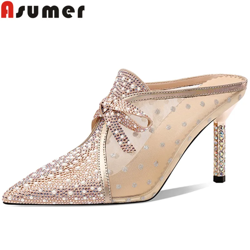 

Asumer 2022 New Women Slippers Mesh Kid Suede Summer Fashion Slippers Rhinestone Thin High Heels Dress Shoes