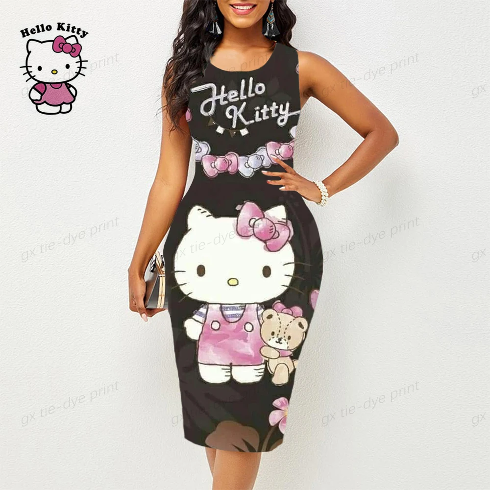 

New Hello Kitty Print Tight Skirt Summer O Neck Elegance Sleeveless Skirt Everyday Knee-length Skirt Women Sexy Tight Skirt