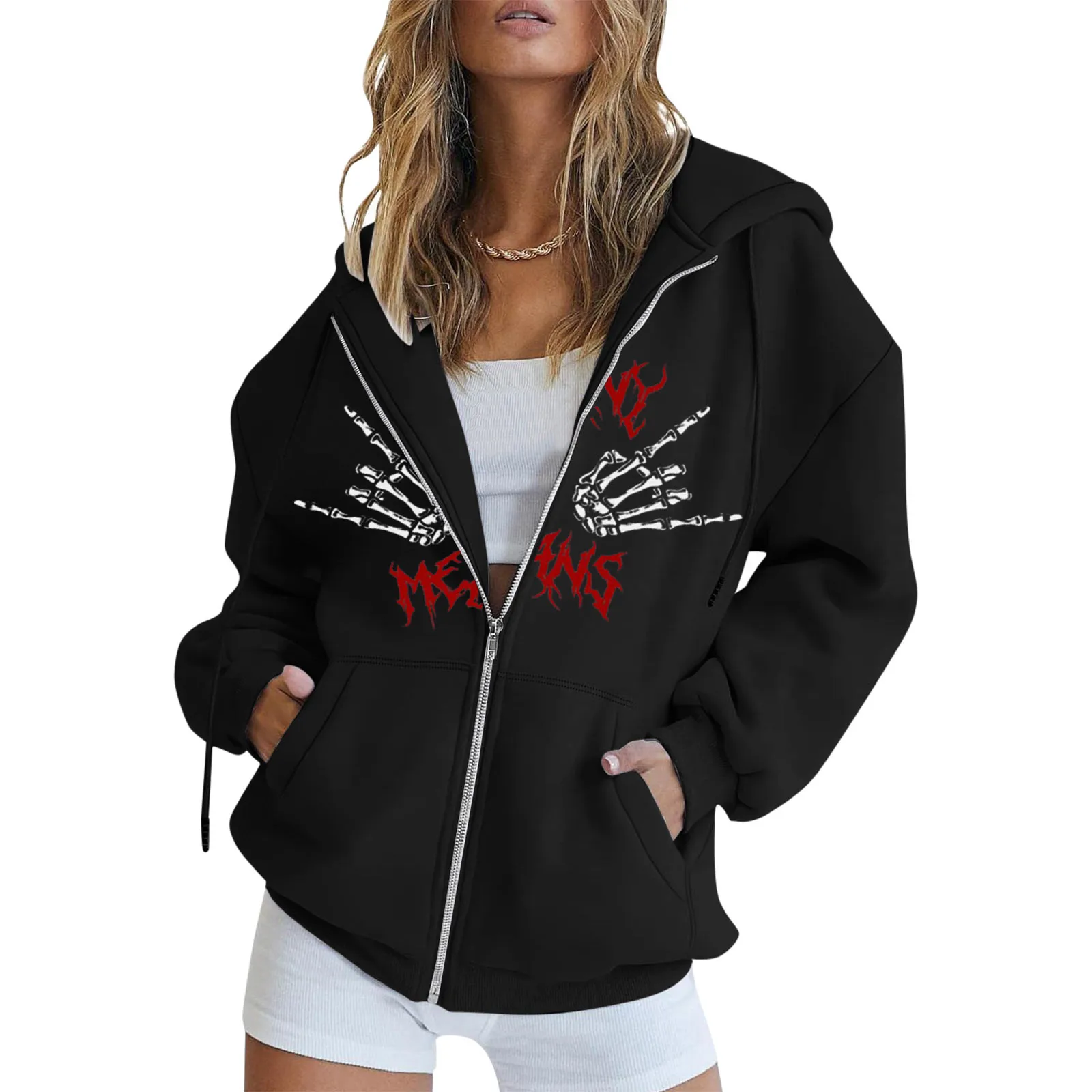 

Womens Long Sleeve Hoodie Top Gothic Zip Lace Up Sweatshirt With Pockets Ladies Blouses Shirts Oversized Fleece Hoodie Women