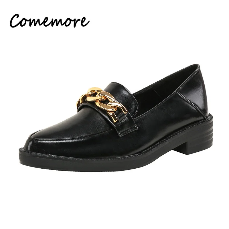 Comemore Plus Size 42 Oxford Shoes Woman Loafers 2023 Leather Flats Chains Sneakers Trend Girls Lolita Medium Heels Flats Spring