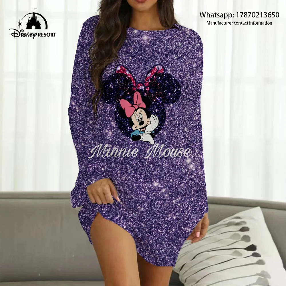 

New Boho Mickey and Minnie Anime Print Home Dress Disney Brand Fall Fashion Casual Sexy Party Ladies Homewear 2022
