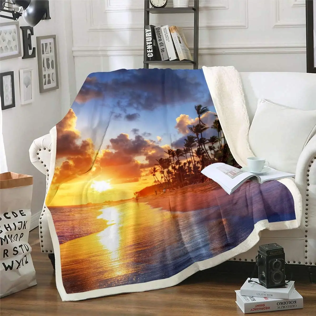 

Beach Fleece Throw Blanket Twin 60"x80" for Bed Sofa Couch Summer Sea Ocean Sherpa Blanket Hawaiian Tropical Palm Tree