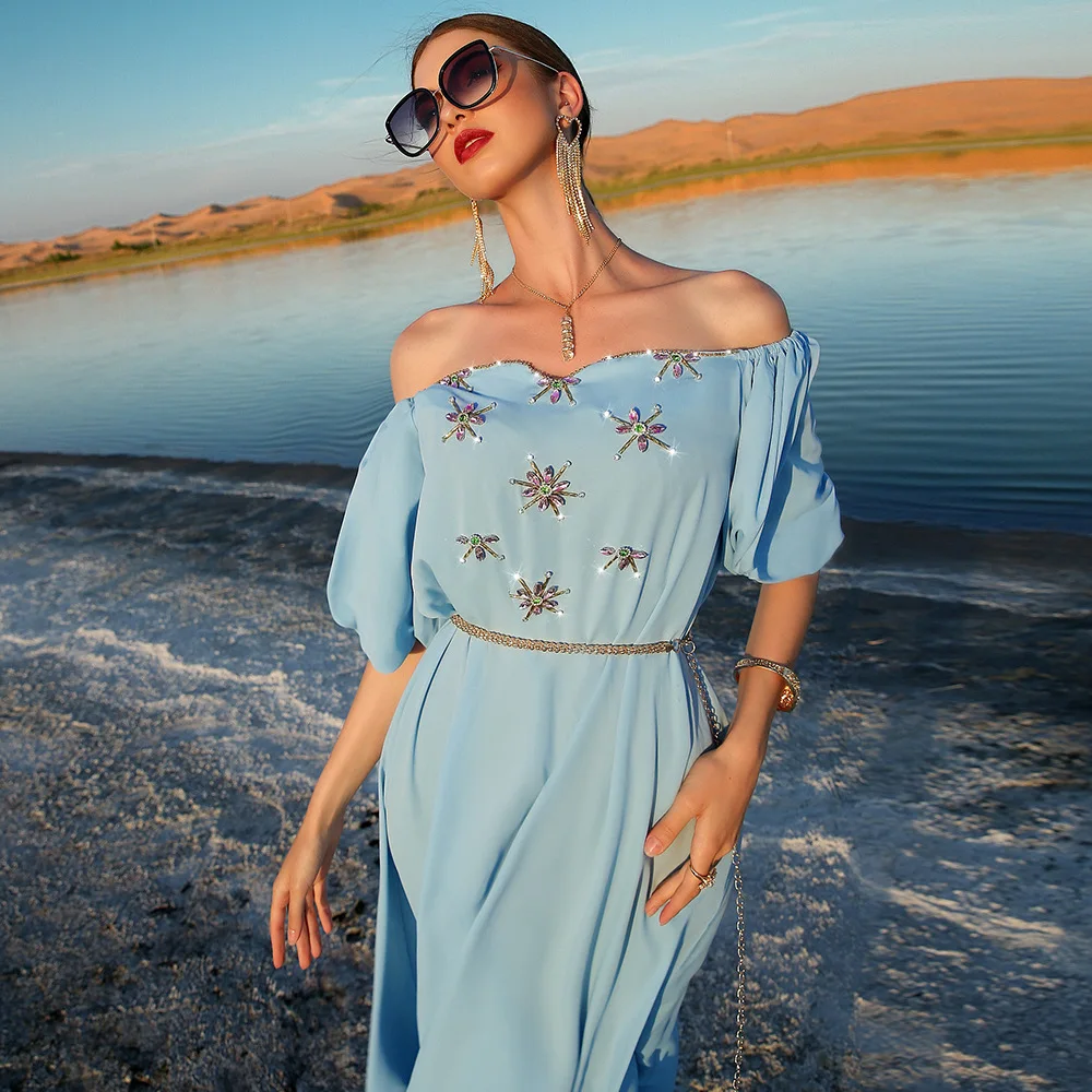 Kaftan Abaya Muslim Evening Dresses for Women Islam Turkey Moroccan Party Short Sleeve Caftan Robe Soiree Femme Dubai Vestidos