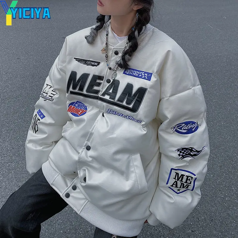 YICIYA Bomber Down Jacket Thicken Women Varsity Black Leather Jacket American Racing Motorcycle University Warm Long Sleeve Coat