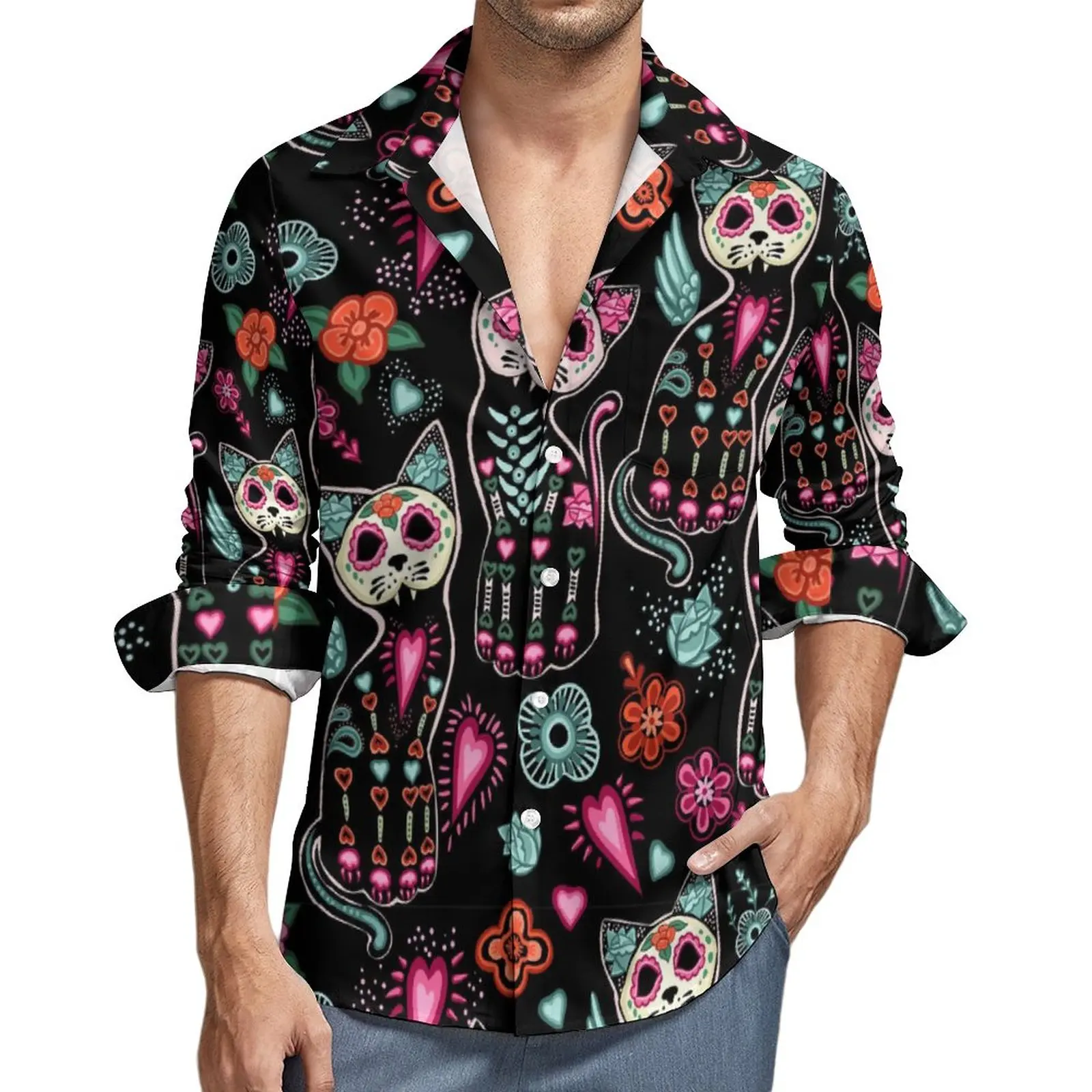 

Повседневная рубашка Y2K с изображением кошки, скелета, мексиканского черепа, Мужская жуткая рубашка, осенние модные блузки с длинным рукавом, Одежда большого размера с принтом