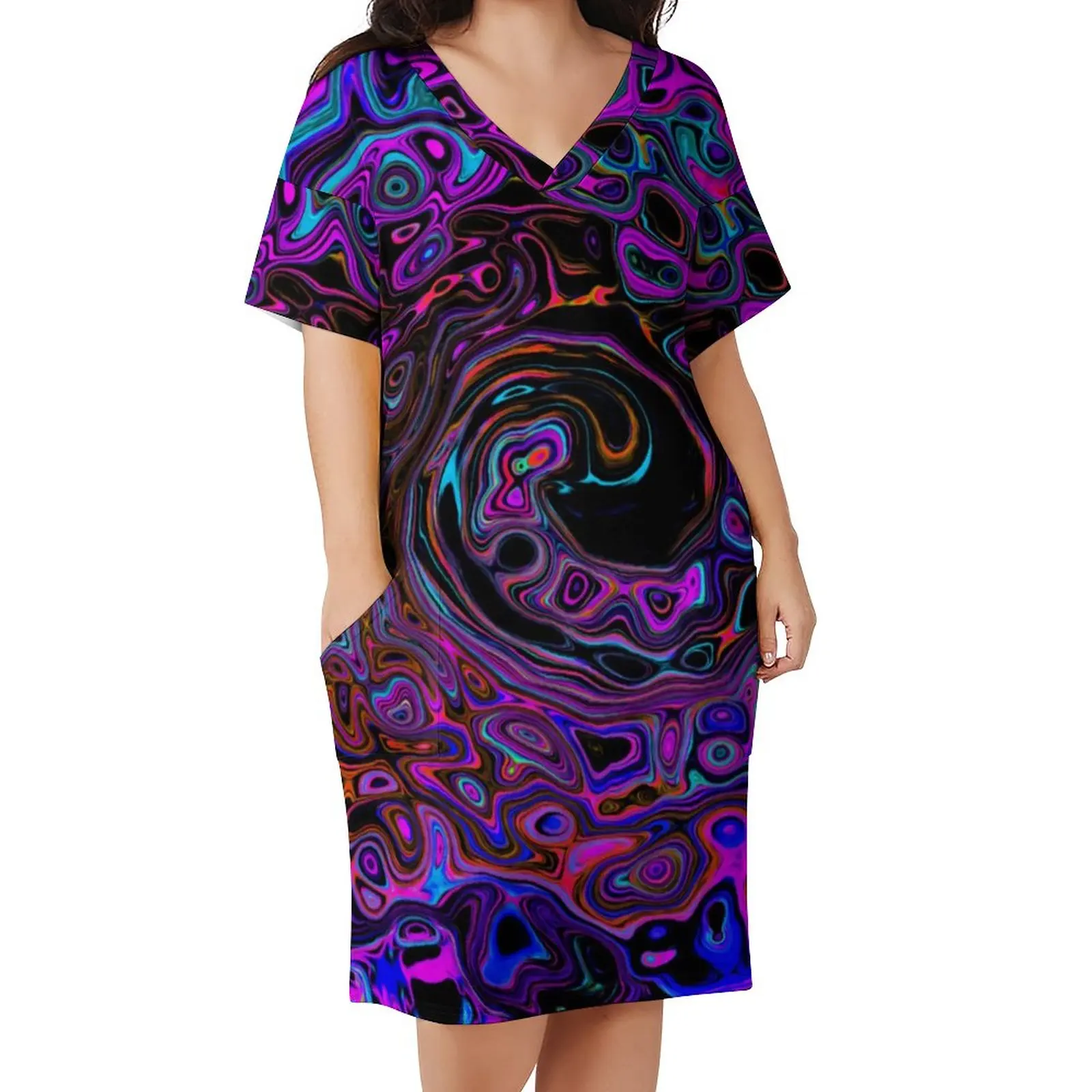 

Retro Liquid Swirl Dress Womens Trippy Magenta Aesthetic Casual Dress Summer Short Sleeve Elegant Oversize Dresses Gift