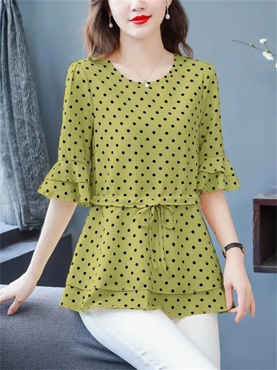 

Women Spring Summer Blouses Shirts Lady Fashion Casual Half Sleeve O-Neck Collar Polka Dots Printing Blusas Tops TT2487