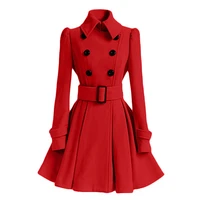 women coats vintage double breasted belt slim thickening jackets female long sleeve woolen tops classic medium length overcoat