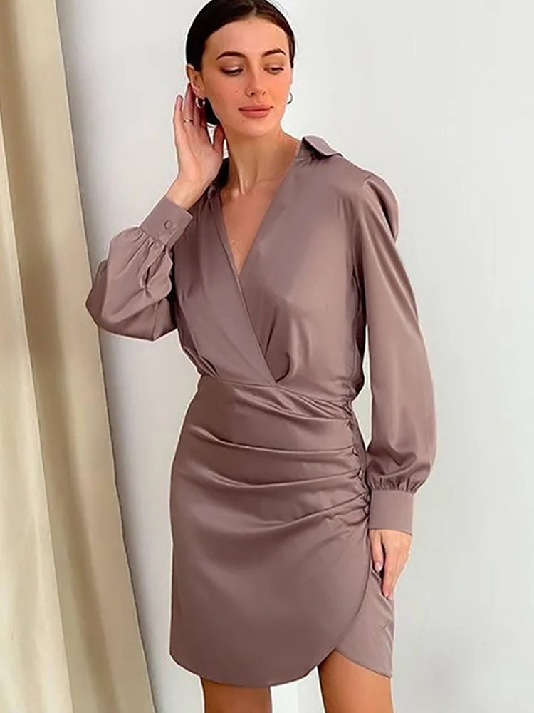 

Women Elegant Satin Pleated Short Dresses Ladies Casual V-neck Full Seleeves Dresses 2022 Summer Female Fashion Party Mini Robe