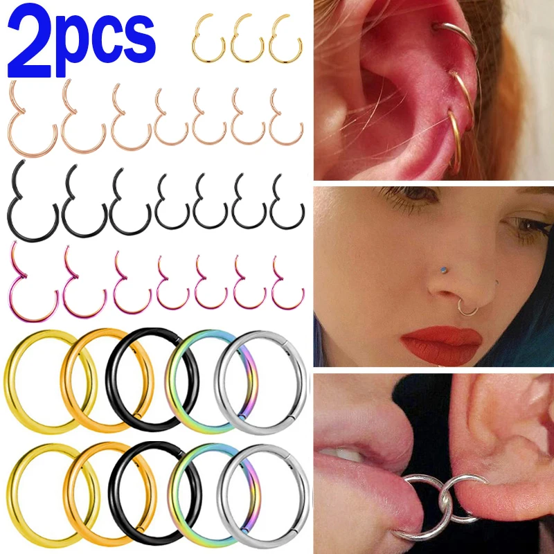 

1/2PCS 6/8/10/12mm Nose Ring Hinged Clicker Segment Nose Rings Helix Cartilage Septum Hoop Surgical Stainless Seamless Earrings