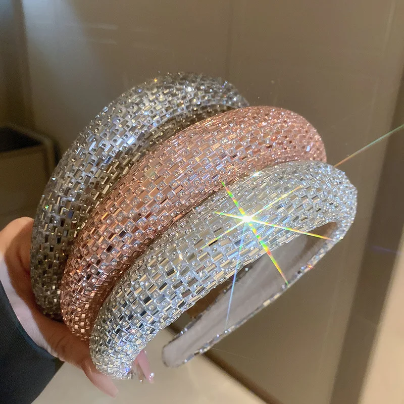 

Minar New Trendy Bling Bling Rhinestones Headbands for Women Multicolor Cloth Wide Brimmed Hairband Wholesale Hair Accessories