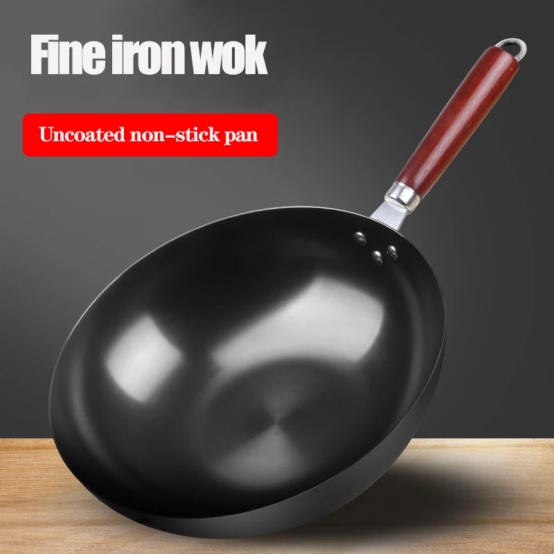 Wok de hierro hecho a mano para el hogar, 28cm/30cm/32cm/34cm, sartén antiadherente sin recubrimiento, utensilios de cocina de Gas e inducción