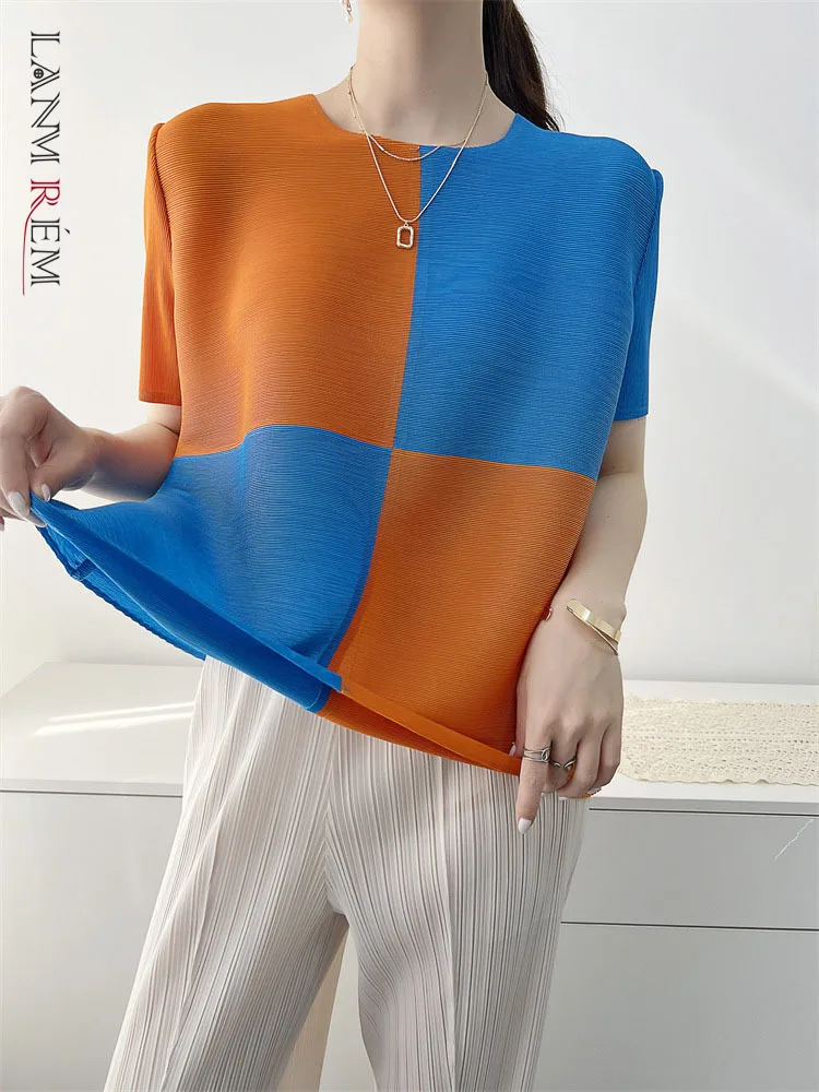 LANMREM Pleated Contrasting Colors Loose T-shirt Short Sleeve Pullover Round Collar 2022 Summer Female Fashion Clothing 2R1575