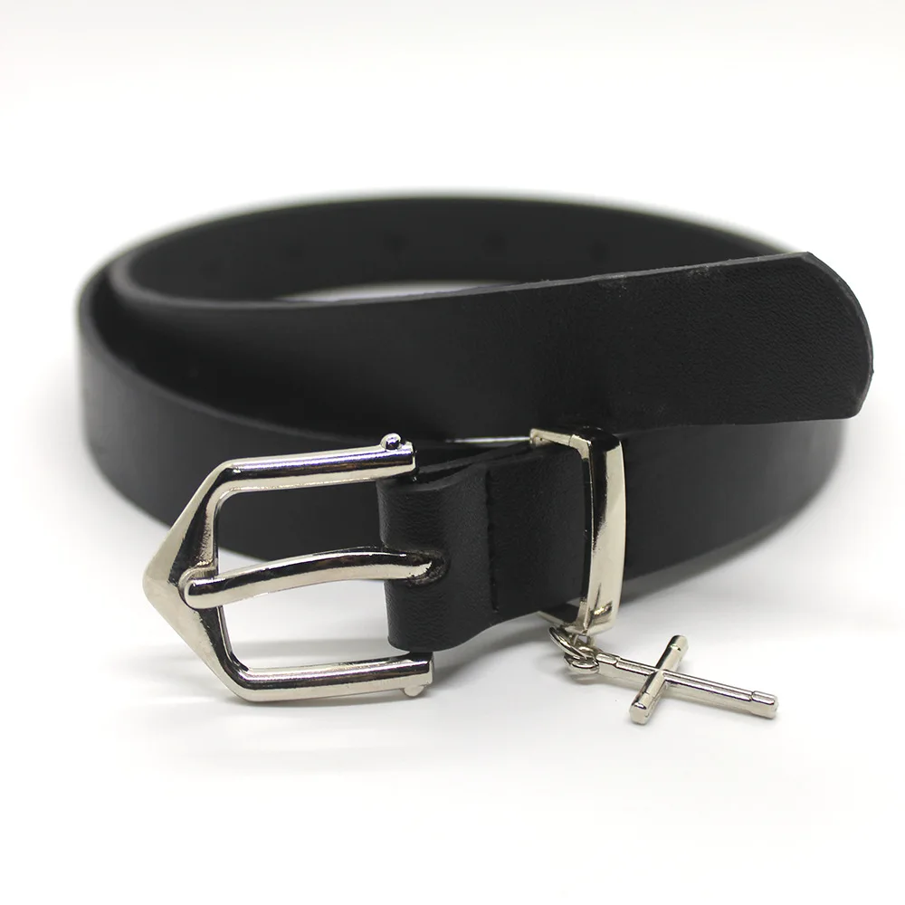 

Belts For Women PU Leather Geometric Silver Buckle Cross Pendant Belt Black 3.8 * 105CM Casual Jeans Belt Men's Belt