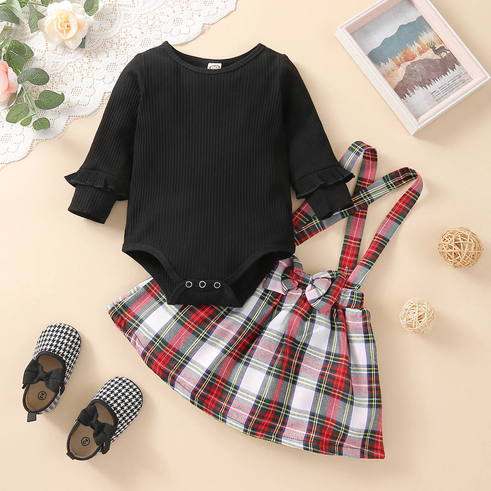 

Newborn Infant Baby Girls Autumn Winter Long Sleeve Ribbed Romper Bodysuit Plaid Suspender Dress Set Girls Outfit Size 3