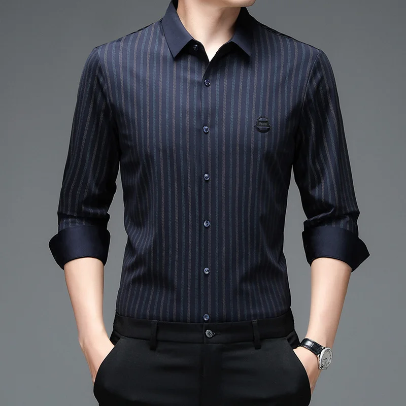 

mulberry New silk middle-aged men's summer high-class thin stripe business long sleeve shirt iron free top men