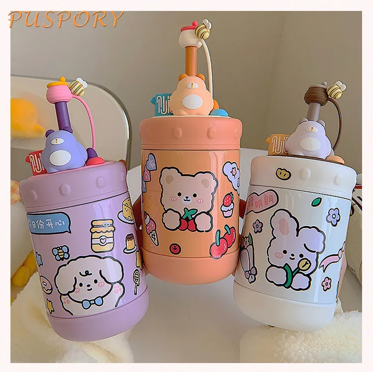 

Детская бутылка, милая мультяшная бутылка для воды из нержавеющей стали с защитой от падения, с соломинкой и пылезащитной крышкой, портатив...