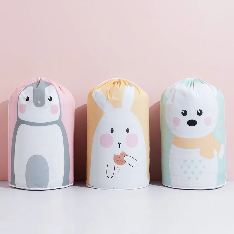 

Cartoon PEVA Quilt Printing Storage Bag Cylindrical Beam Mouth Drawstring Storage Bags Waterproof Dustproof Bag Sealing Bags