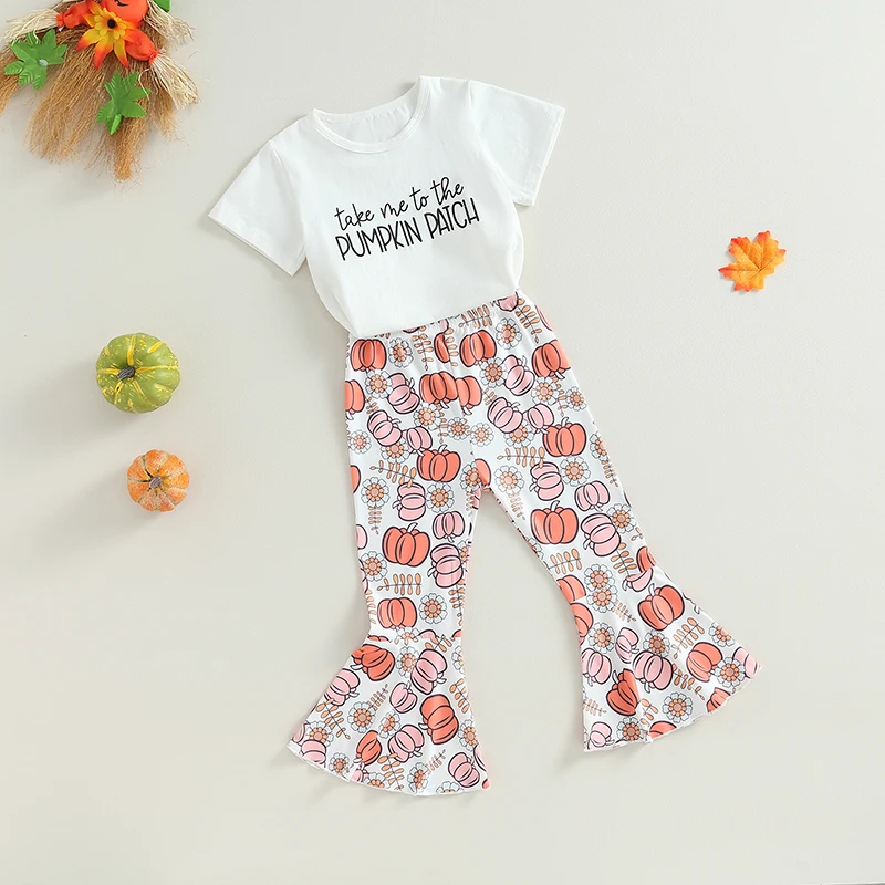 

Комплект из топа с коротким рукавом и брюк-клеш, на Возраст 3-8 лет