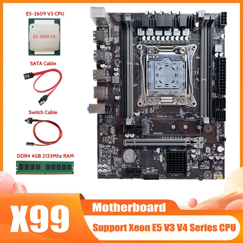 X99 Motherboard LGA2011-3 Computer Motherboard With E5-2609 V3 CPU+DDR4 4G 2133Mhz RAM+SATA Cable+Switch Cable