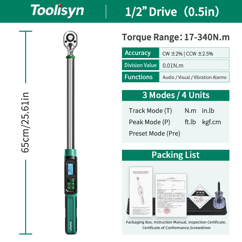 

Цифровой динамометрический ключ Toolisyn 0.6-400 Нм