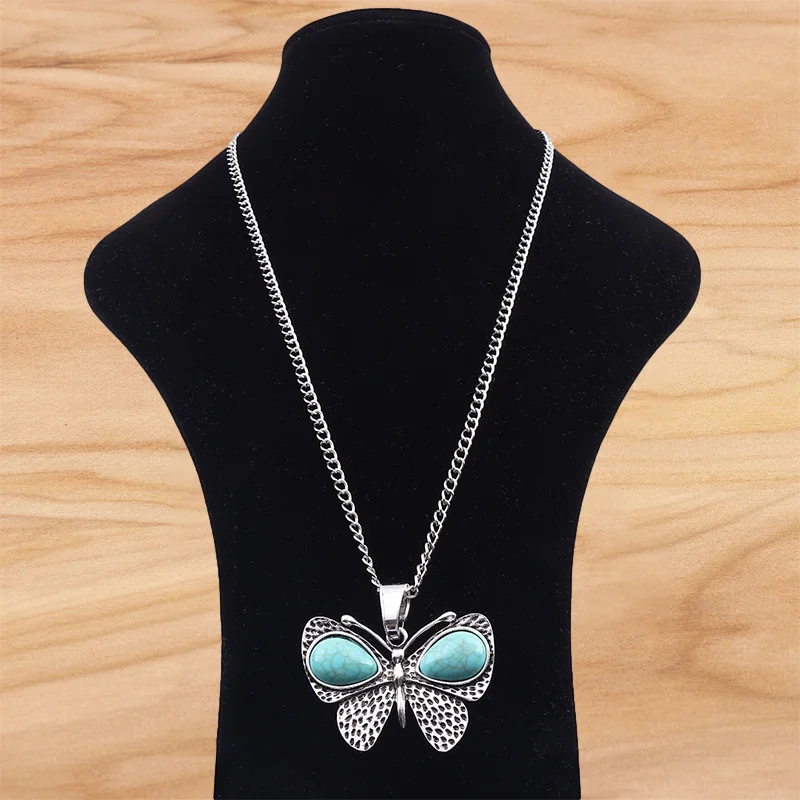 

1 Piece Tibetan Silver Large Imitation Turquoise & Butterfly Pendant Necklace Jewelry on Long Link Chain Lagenlook 34"