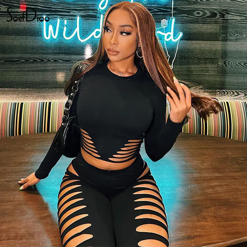 

Soefdioo Black Symmetrical Cut Out Two Piece Set Women Sexy Long Sleeve Crop Top and High Waist Pants Matching 2022 Club Outfits