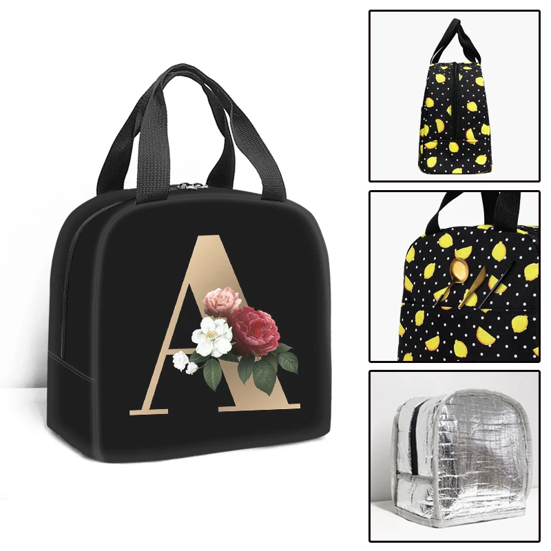 New Printed A-Z Letter Insulated Lunch Bags Women Men Work Tote Food Case Cooler Warm Bento Box Student Lunch Box for School