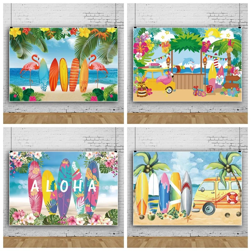 

120×80cm Hawaiian Beach Surfboard Flamingo Background Cloth Banner Tropical Hawaii Party Decor Kids Adults Favors Backdrop