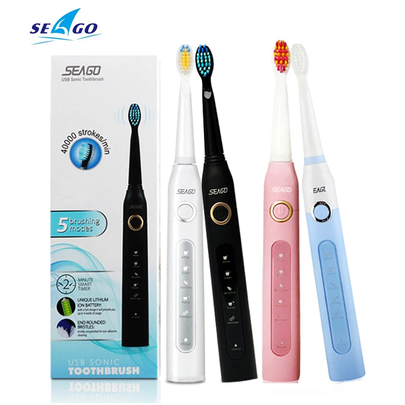 

Seago Sonic Electric Toothbrush USB Rechargeable Brushes for Adult Oral Health Waterproof Teeth Whitening Smart Timer 5 Modes