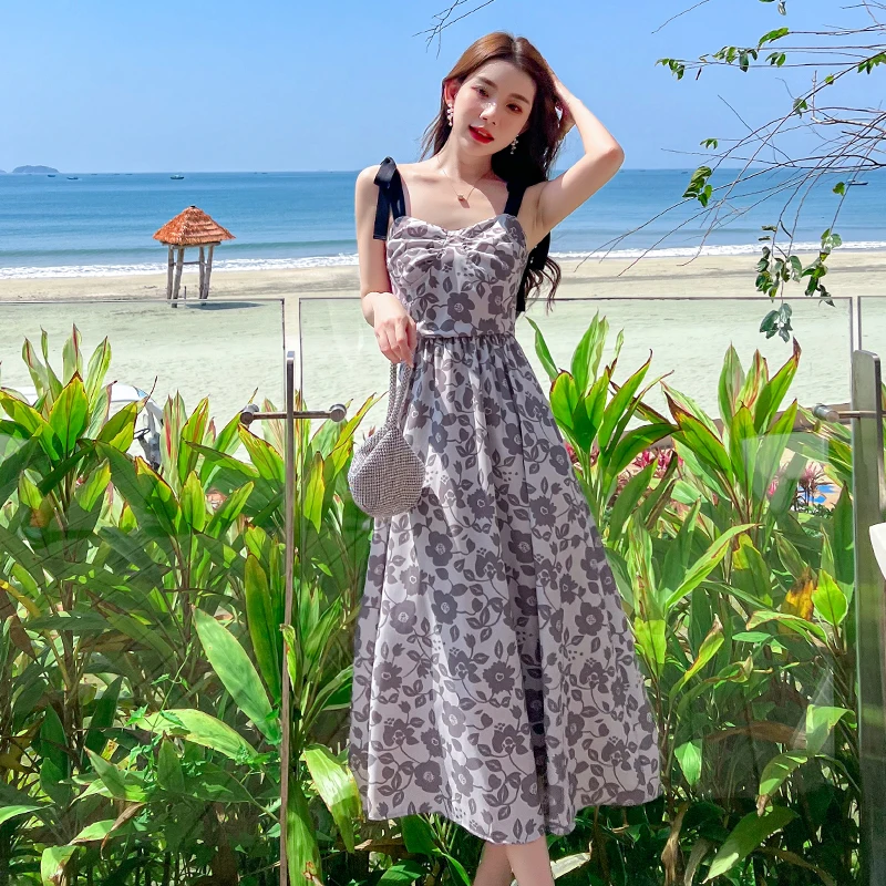 

Party Women's Sexy Dresses Backless Summer Sleeveless Printing Vacation Beach Style Elegant Loose Female High Waist Clothing