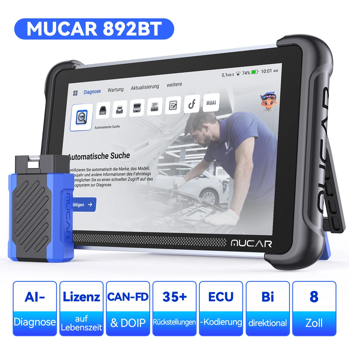Фото Диагностический сканер MUCAR 892BT Global Version для автомобилей OBD2 с поддержкой DOIP, CANFD, двунаправленным кодированием ЭБУ, 35 функциями сброса и пожизненным бесплатным обновлением. №3