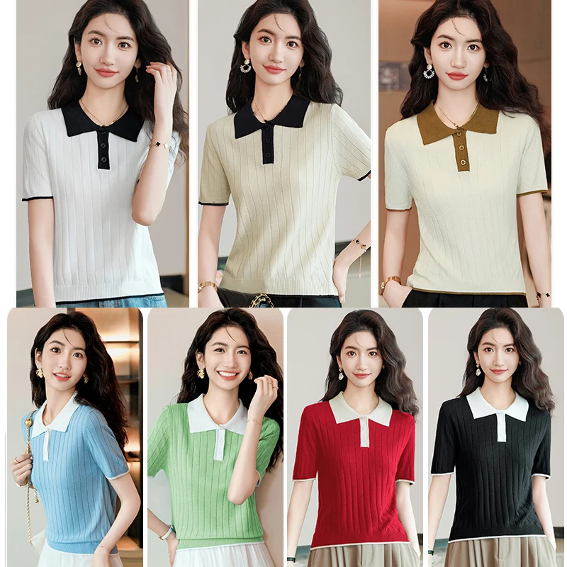 Polo Collar Short sleeve T-shirt Women 2024 New Summer Slim fit Thin Ice Silk Knit Small High Waist Top