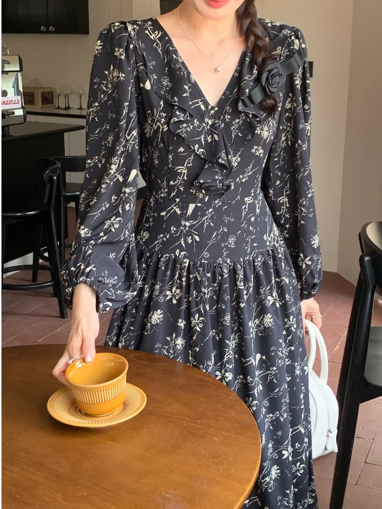 

Женское шифоновое платье с длинным рукавом, элегантное офисное платье-трапеция во французском винтажном стиле с оборками и высокой талией в стиле пэчворк на осень