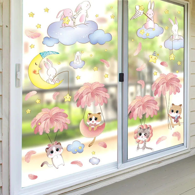 

[SHIJUEHEZI] Cats Feathers Wall Stickers DIY Rabbits Clouds Wall Decals for Kids Rooms Baby Bedroom Nursery Home Decoration