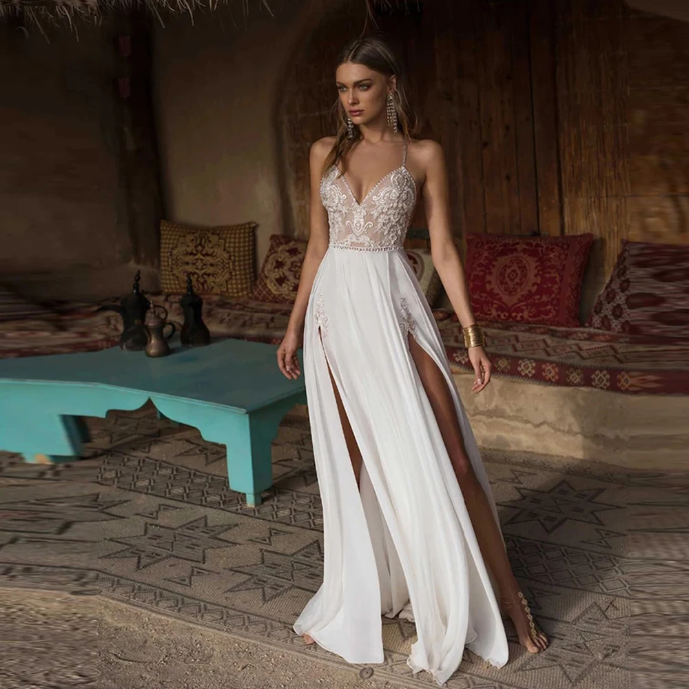 

Boho Spaghetti Straps Lace V-neck Wedding Dress robes de soirée Sexy Slit Beach A-line Bridal Gown Backless robes de mariée