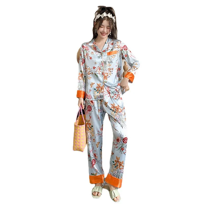 Silk Like Pajamas Set Women Autumn Sleepwear Floral Print Luxury Plaid Print Pijamas Female Set 2 Pieces Pyjamas Loungewear