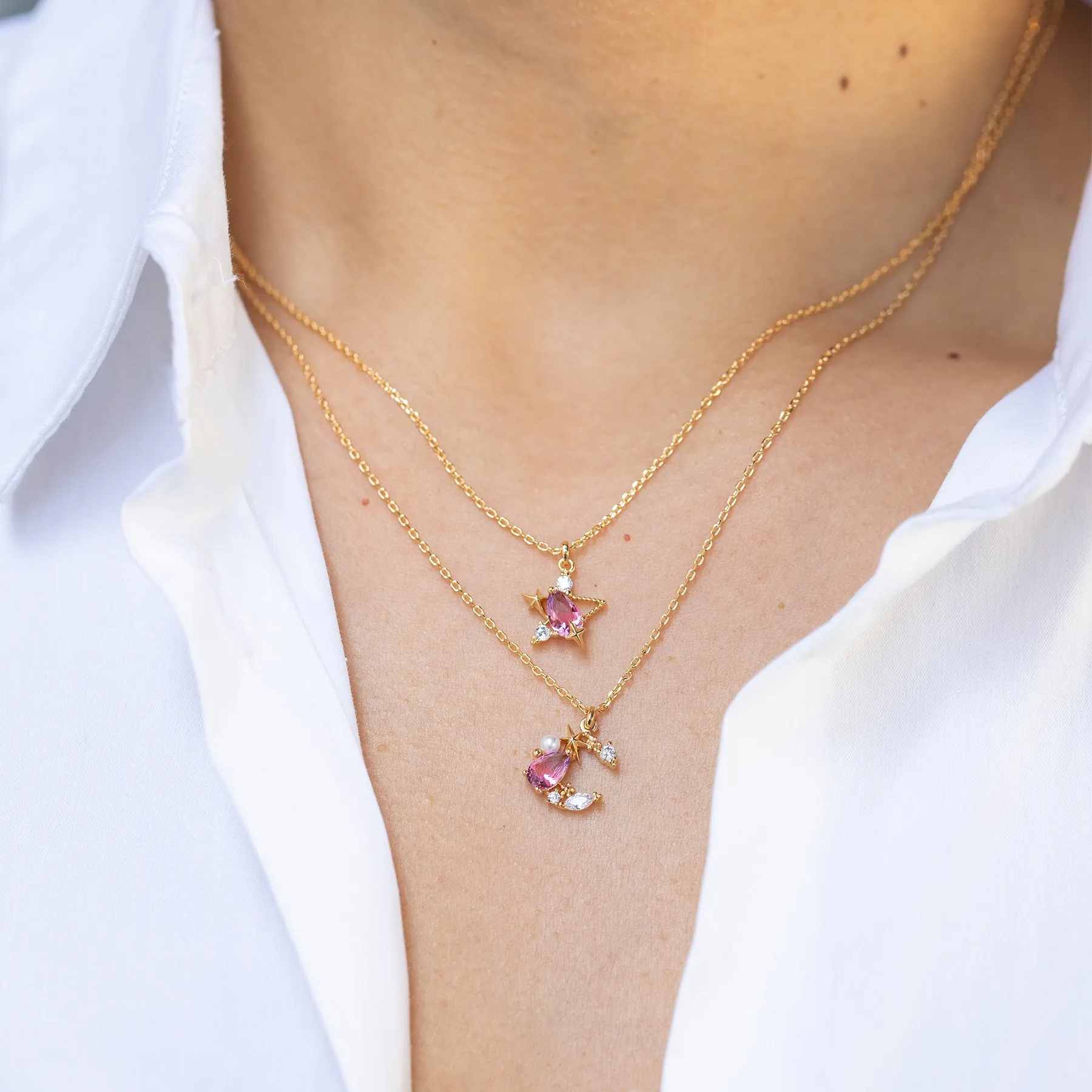 

New Star Moon Fashion Pendant Clavicle Chain Pink Zircon Rhinestone Studded Sparkling Choker Necklace Women Jewelry Party Gifts