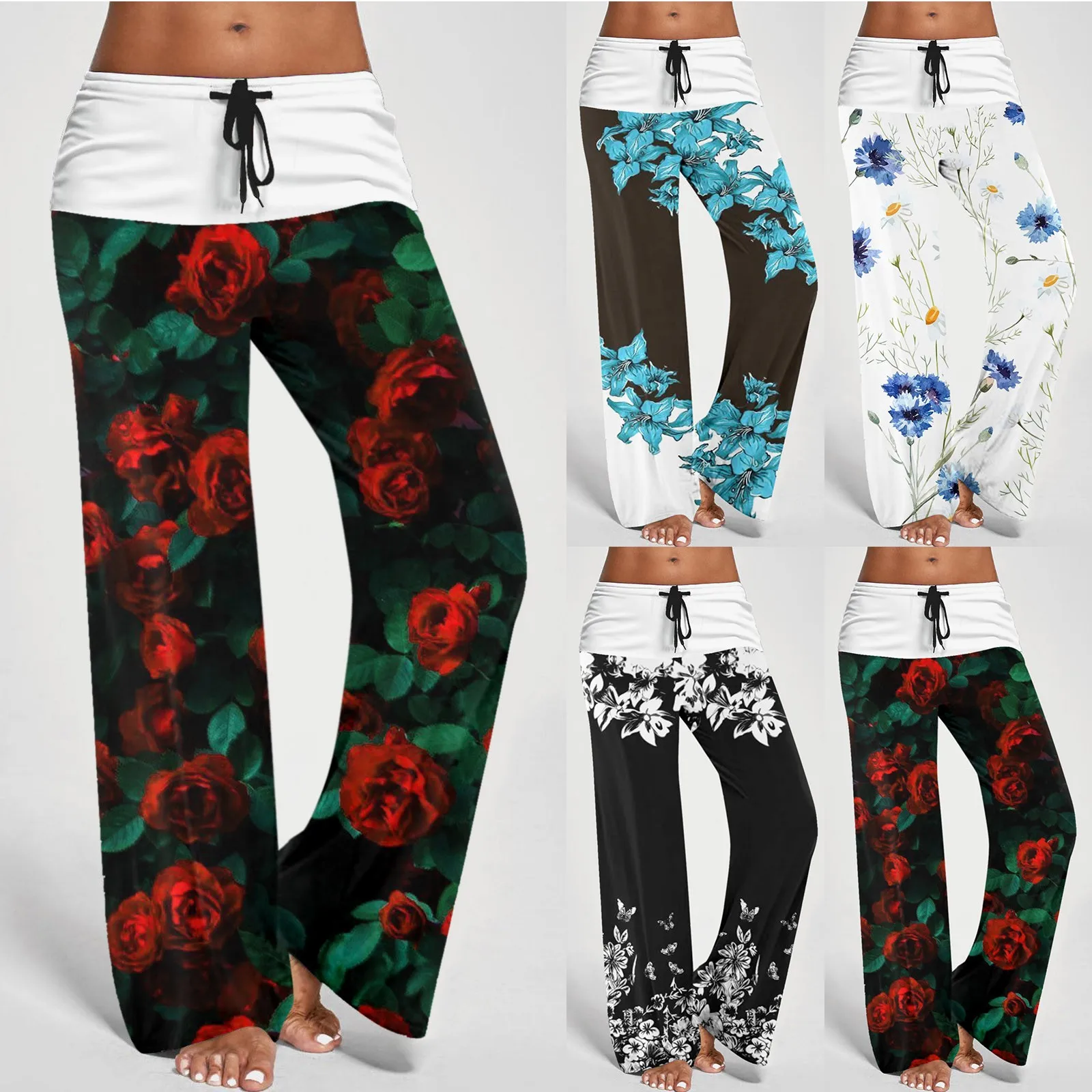 

Брюки женские повседневные, Модные свободные спортивные штаны на шнуровке, с цветочным принтом розы, для фитнеса и бега