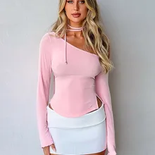 Inclined Collar Pink T Shirts For Women Clothes Long Sleeve Y2k Top Lace-Up Aesthetic Tee Slim Fit Ropa De Mujer Sexy Streetwear