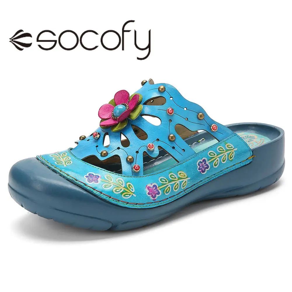 

2022 New Socofy Genuine Leather Women Sandals Handmade Soft Comfy Beach Vacation Bohemian Ethnic Floral Hollow Outdoor Slippers