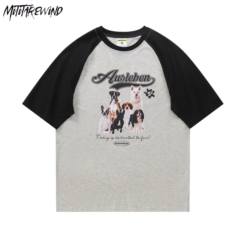 

2023 Oversized T Shirts Pure Cotton Couple Tops Tees New in T Shirts Hip Hop Streetwear Cartoon Dog Printed Patchwork Color