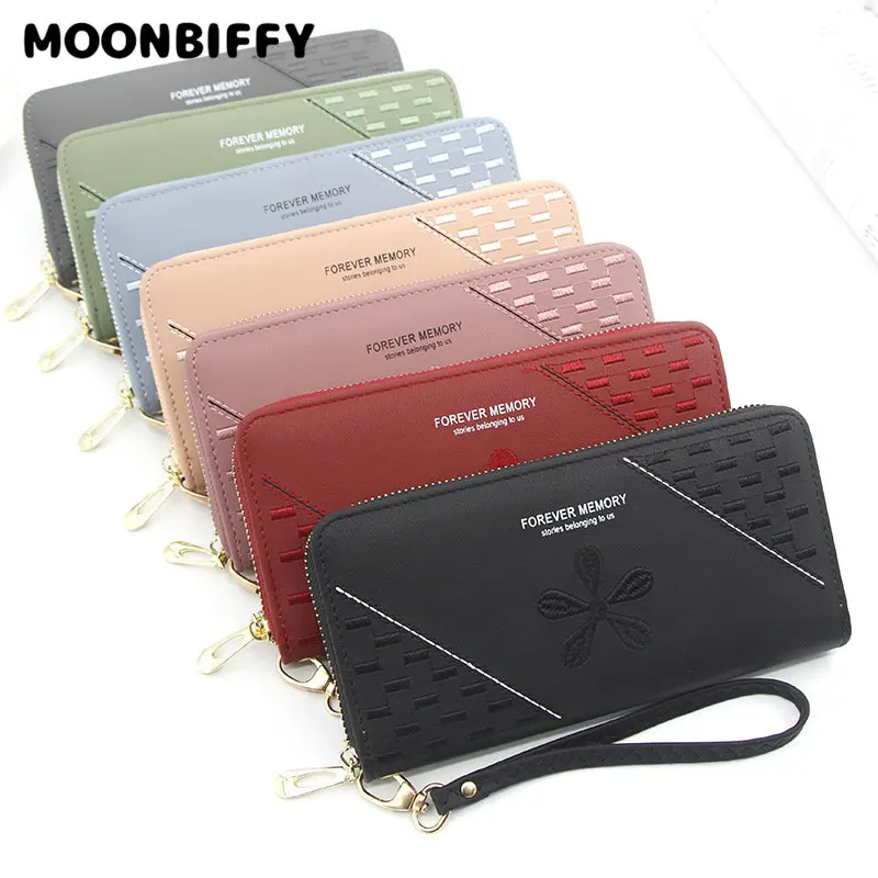 

Женский Длинный кошелек с вышивкой, модный клатч на молнии с несколькими кармашками для карт, дамская сумочка из искусственной кожи с зажим...