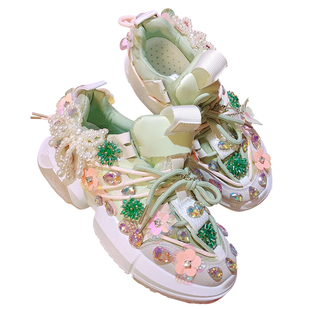 Женские кроссовки Стразы со стразами жемчужинами цветами сетчатая повседневная