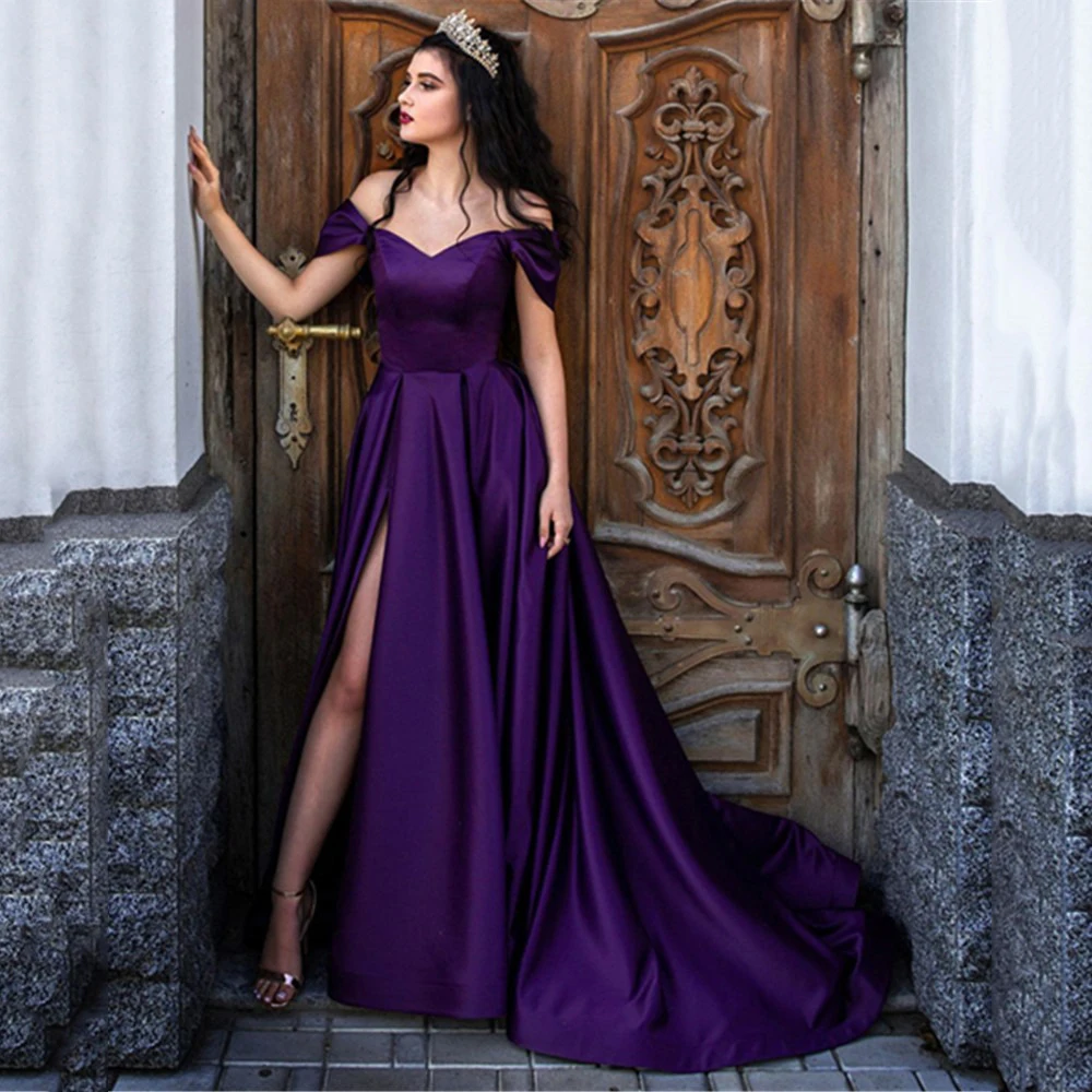 

Ladies Sexy Off Shoulder V Neck Satin Ball Gown High Side Slit A-Line Tie Backless Cocktail Party Evening Dress Vestidos De Gala