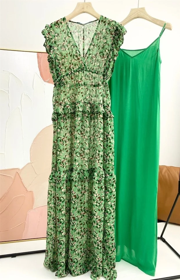 Лотосовые рукава с глубоким V-образным вырезом, высокого качества Зеленое платье "Фея Красоты и Элегантности".